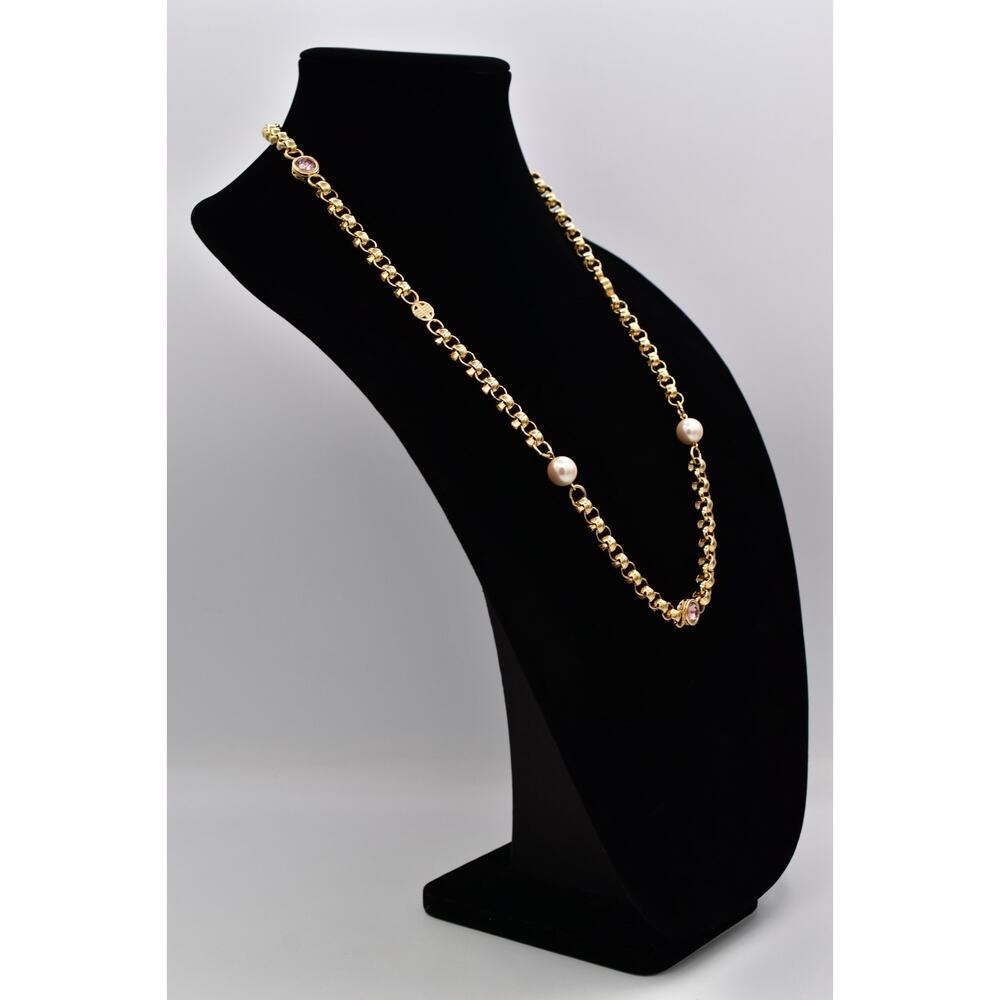 Givenchy Vintage Logo Chain Necklace Pearl Pink Crystal Gold Chunky Signed Bin1 - Picture 5 of 12